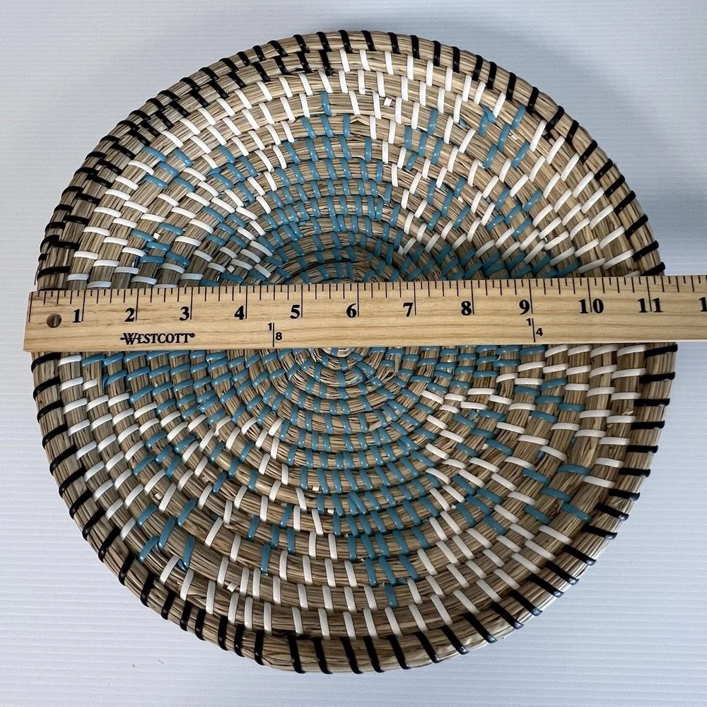 Set of 2 Woven Seagrass Wall Art Baskets Boho Decor Turquoise Blue Natural